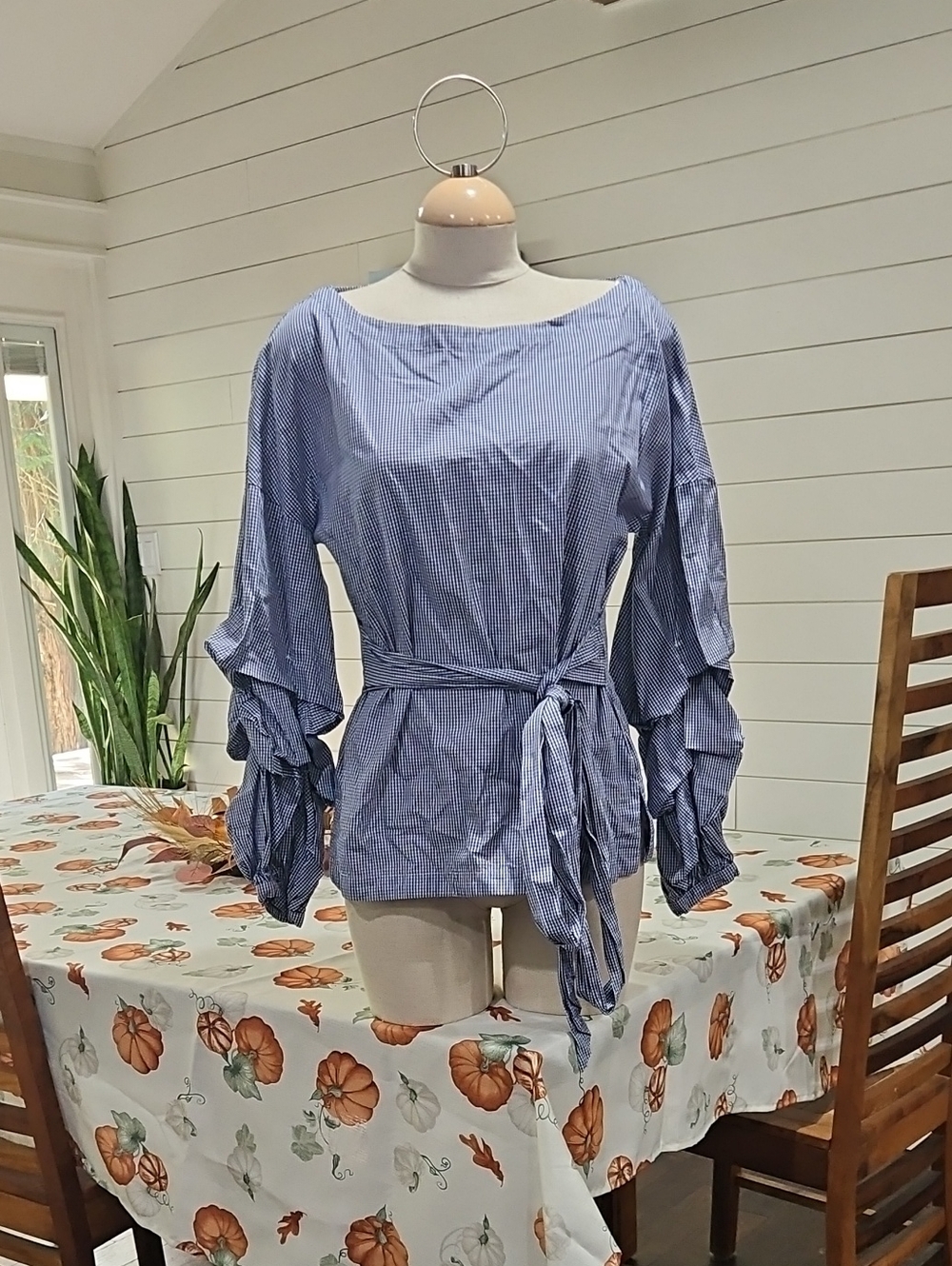 Banana Republic Blue-and-White Striped Tie-Waist Ruffle Sleeve Blouse Sz Small